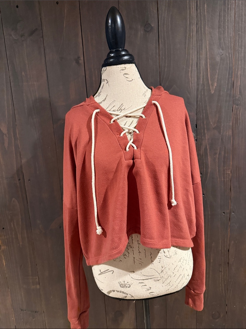 Rust Lace-Up Crop Hoodie with Cream Drawstrings